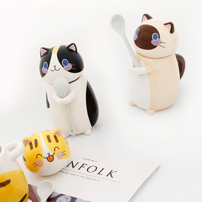 Cute Cat Handmade Coffee Mugs with Spoon